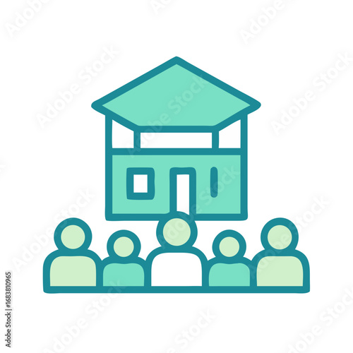 Conceptual illustration of community gathering around a symbolic house