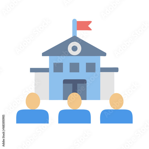 Flat graphic of team meeting at company headquarters