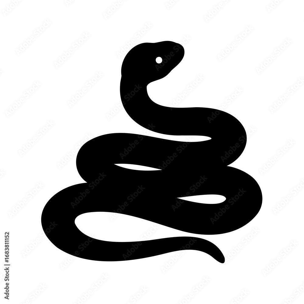 Fototapeta premium Black snake coiled up with a white eye against a white background