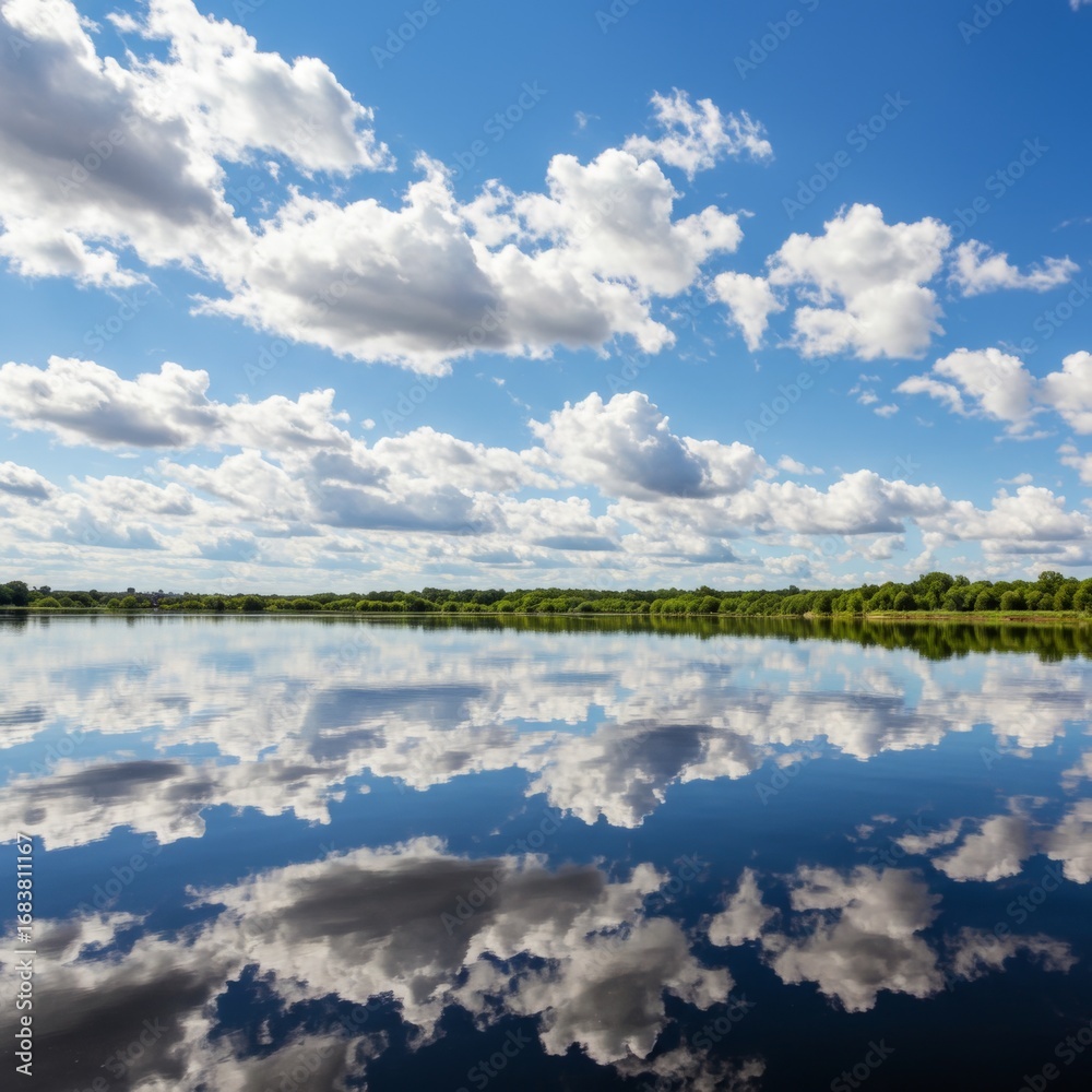 Obraz premium Serene Lake Reflection with Blue Sky and Puffy Clouds