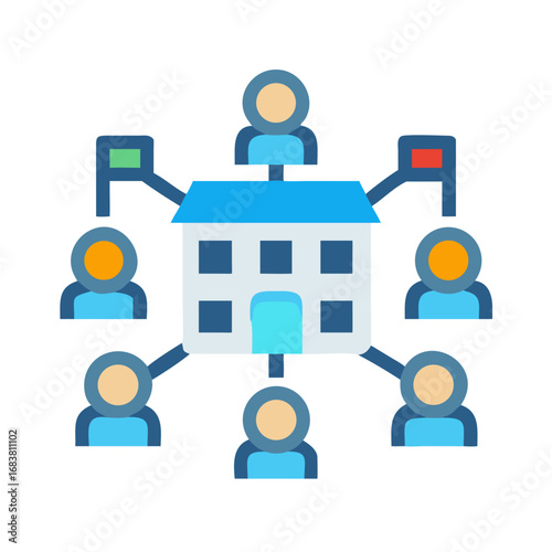 Teamwork communication around organization hub flat design illustration