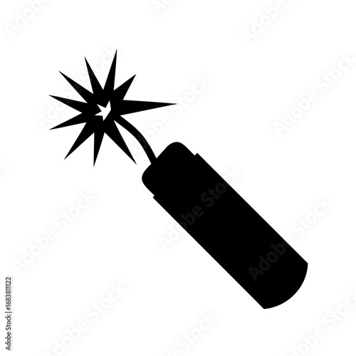Stylized black silhouette of dynamite stick with lit fuse on white background