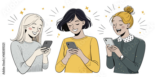 Three women looking at their phones, smiling and excited.
