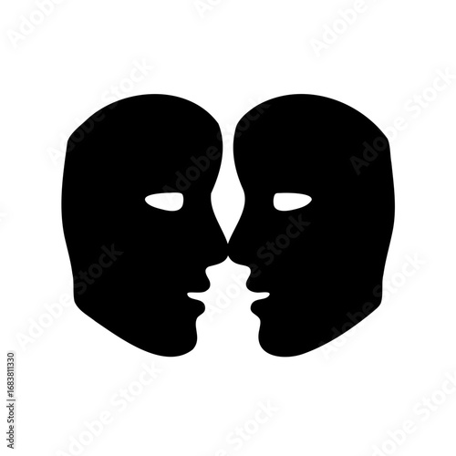 Silhouette illustration of two human faces confronting each other, in black