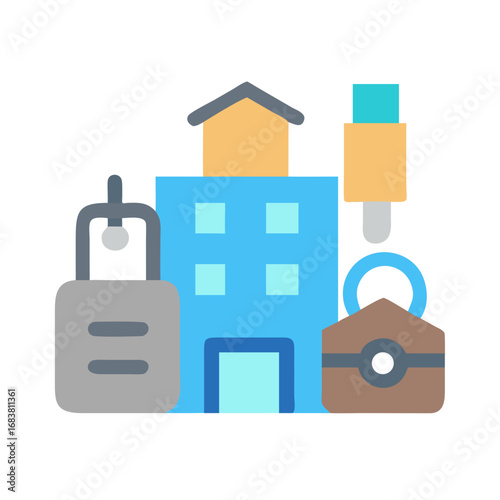 Colorful flat illustration of home, suitcase, and key accessories