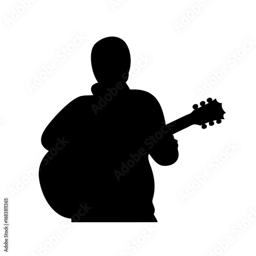 Silhouette of a guitarist playing acoustic guitar with a white background