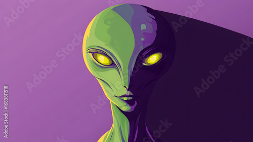 Futuristic green humanoid alien with yellow eyes on purple background for sci-fi concepts