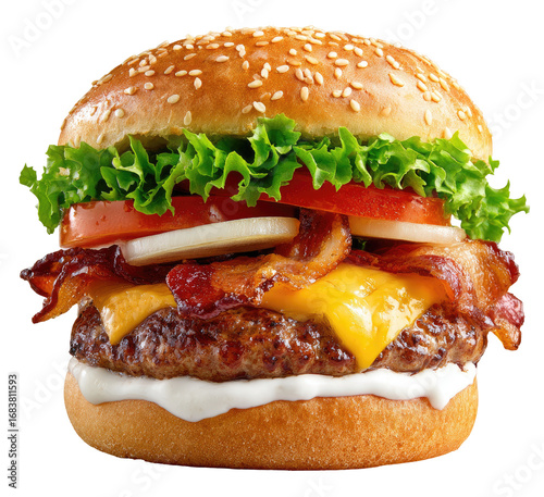 Close-up of a juicy cheeseburger with bacon.  Topped with lettuce, tomato, onion, and melted cheese.  A creamy sauce is spread over the bun