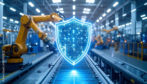 Wallpaper Mural Futuristic industrial robots with cybersecurity shield in factory sett Torontodigital.ca