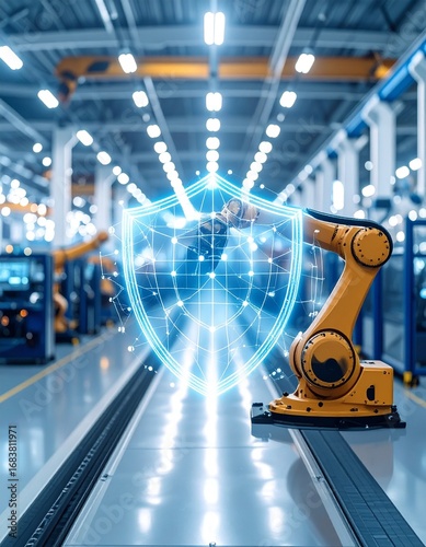 Wallpaper Mural Futuristic robotic arm with digital protection shield in factory setti Torontodigital.ca