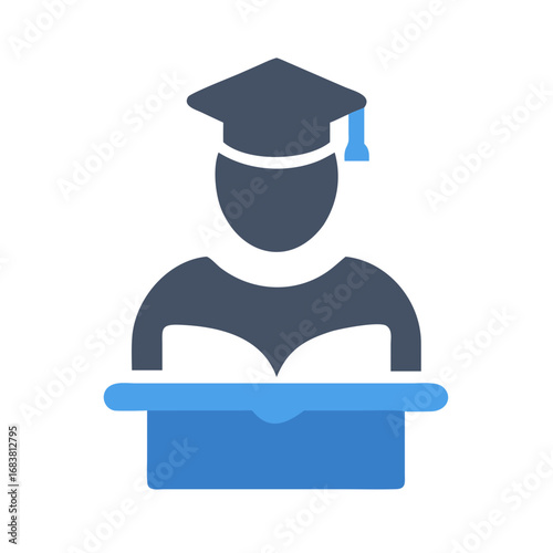 Graduate student icon, graduation speaker on stage flat design