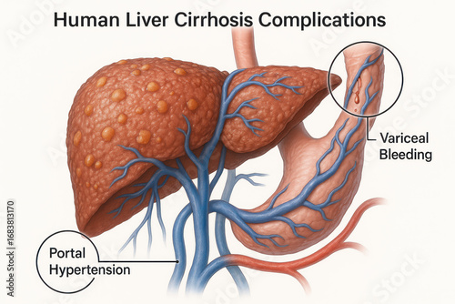Human Liver Cirrhosis Complications Illustration – Portal Hypertension and Variceal Bleeding