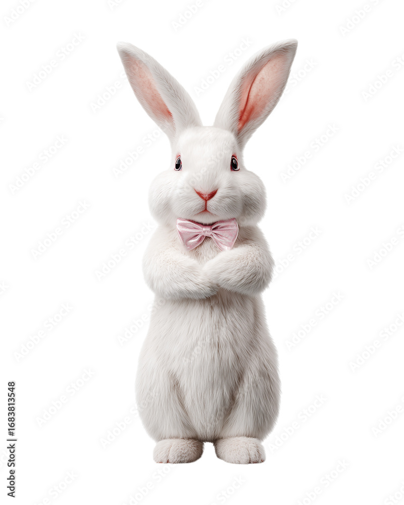 Fototapeta premium A white rabbit with a pink bowtie stands with its arms crossed