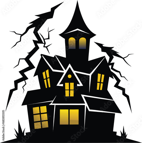 Haunted House With Lightning Above Roof