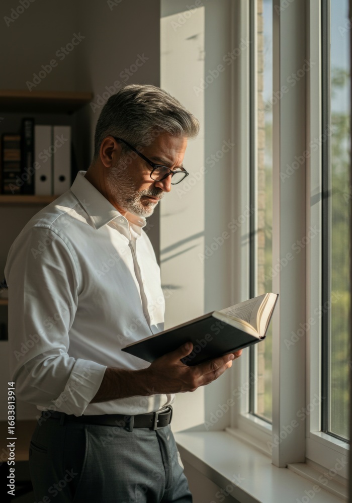 Fototapeta premium Middle Aged Man Reading Book Near Window