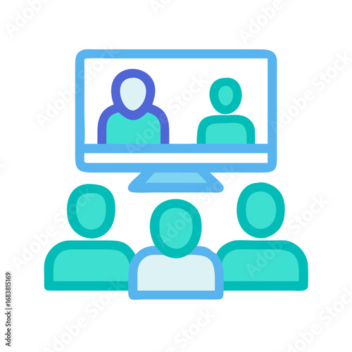 Online meeting illustration with participants on screen and attendees