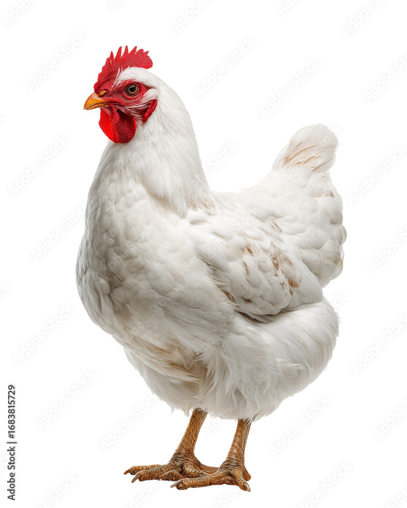Fototapeta premium A white chicken stands on a white background