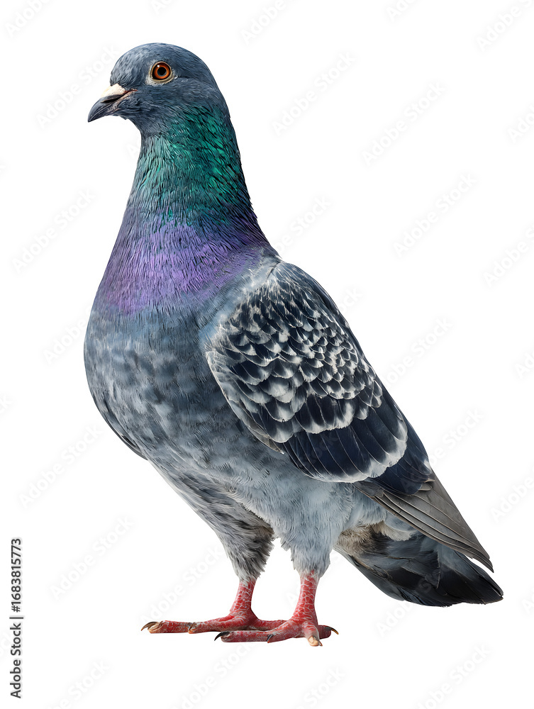 Naklejka premium Stunning pigeon with iridescent feathers, perfect for nature, wildlife, and urban themes, isolated on a clean backdrop