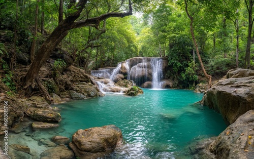 Beautiful waterfall in a tropical forest with river.