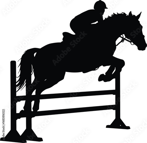 Equestrian rider and horse jumping over obstacle silhouette dynamic action vector