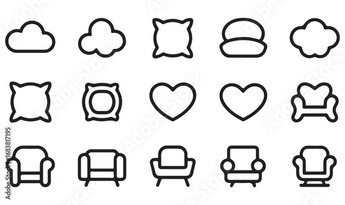 Outline living room icons collection with cozy seating, pillows, and decorative hearts for design use
