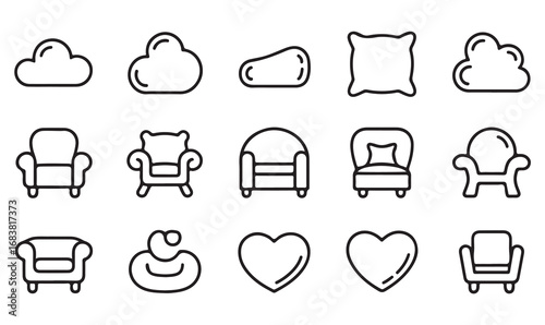 Furniture line art icons featuring sofa, beanbag, cushion, and heart illustrations for interiors