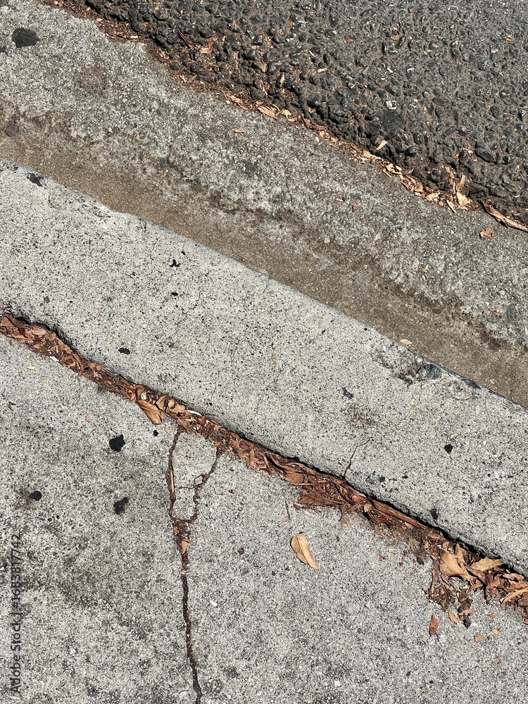 Obraz premium Cracked concrete sidewalk with fallen leaves scattered in gaps, showing typical urban wear and seasonal debris on city pavement surface