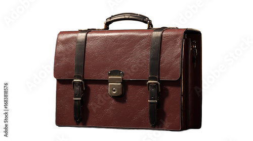 Classic brown leather briefcase with straps, ready for business on transparent background