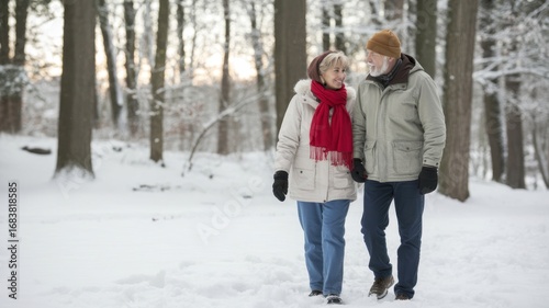 Happy senior couple walking arm in arm through a snowy winter forest, enjoying love, togetherness, and nature during a romantic winter walk in the woods