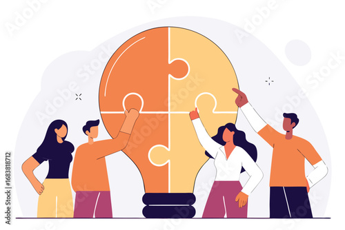 Teamwork assembling a giant lightbulb puzzle symbolizing shared ideas and innovation