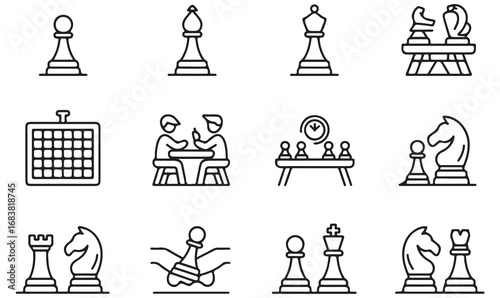 Chess icons set with pieces, board, and strategy illustrations in linear style for tournaments and games