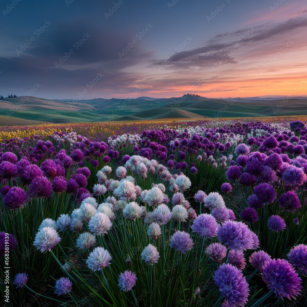 Fototapeta premium A vibrant field of purple and white flowers, bathed in the warm light of a sunrise or sunset over rolling hills