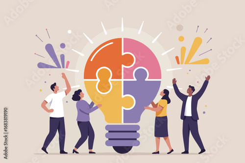 Teamwork collaboration building a bright idea light bulb puzzle synergy business success concept