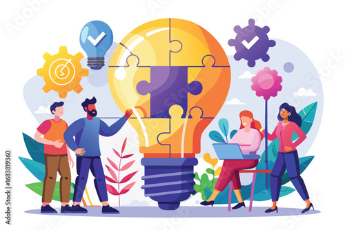 Diverse team collaborates on big idea assembling puzzle pieces into a giant lightbulb symbol