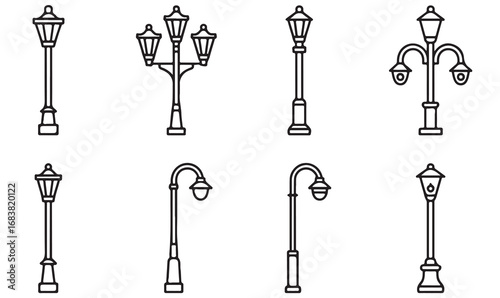 Collection of vintage and modern street lamp icons in outline style for urban design and architectural projects