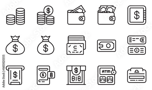 Outline economy and banking icons pack with cash, deposits, transactions, and credit cards for creative projects