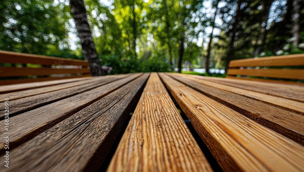 Fototapeta premium Wooden picnic table, park view