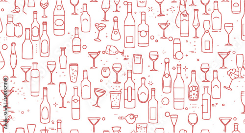 Seamless pattern with wine bottles, glasses and alcohol drinks. Abstract background for bar menu. Geometric pattern with line bottles with wine, champagne, beer, cocktail glasses, vector illustration