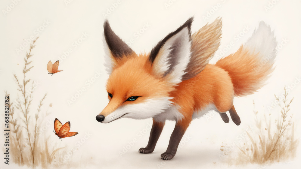 Obraz premium Cute Flying Fox with Butterflies in a Soft, Ethereal Landscape, day