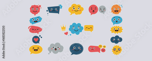 Geometric background with speech bubbles with smiling faces. Abstract banner with different shapes text boxes, dialog clouds with heart and crown, vector flat illustration