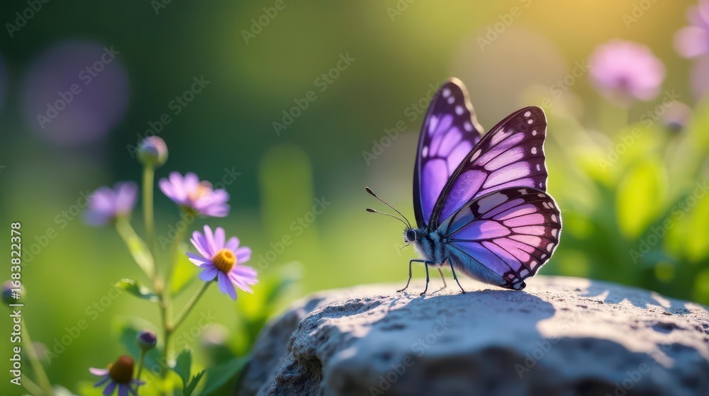 Naklejka premium A radiant purple butterfly rests gently on a sunlit stone, surrounded by a vibrant tapestry of delicate wildflowers in a serene natural setting.