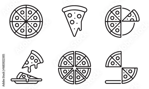 Linear pizza icons set including cheesy slices, whole pizzas, and fast food illustrations for design use
