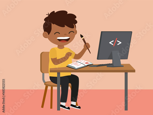 Vector illustration of a smiling boy learning coding at a computer desk with notebook and brush. Perfect for technology, education, and kids learning themes.