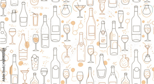 Seamless pattern with wine bottles, glasses and alcohol drinks. Abstract background for bar menu. Geometric pattern with line bottles with wine, champagne, beer, cocktail glasses, vector illustration