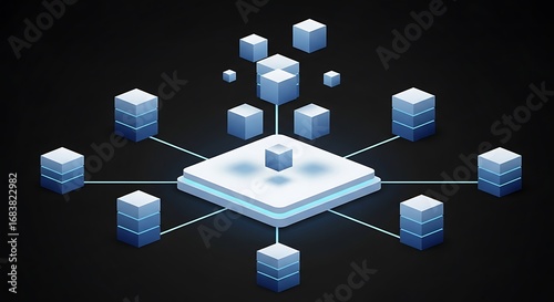 Abstract futuristic digital network with glowing blue cubes and central server structure against a dark background representing technology and data flow