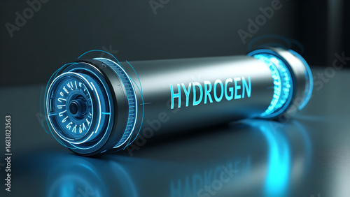 Futuristic Hydrogen Fuel Cell – Photorealistic Metallic Cylinder with Glowing Blue Energy Accents