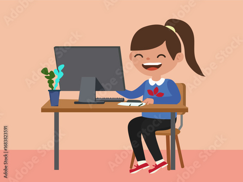 Cute flat design vector illustration of a happy girl sitting at a desk using a computer for online learning. Perfect for education, e-learning, technology, school projects, or digital learning concept