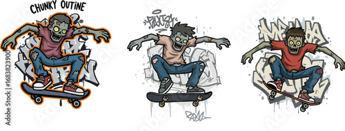 Zombie skateboarder cartoon art, creepy skater characters illustration, graffiti background design, street-style horror theme, undead skating monsters, 