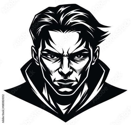 Evil zombie gothic man portrait in a black sketch drawing with a scary mask and a hat