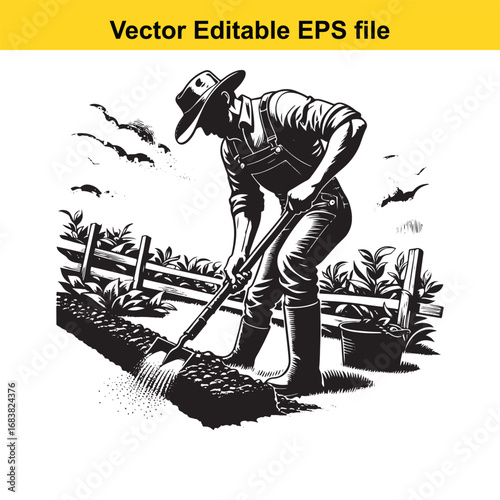 Farmer digging in a field with a shovel, black and white illustration